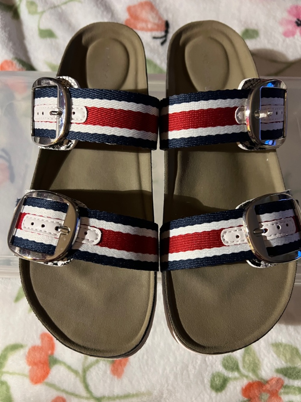 Madden Girl Navy White Red Striped Dual-Buckle Slide Sandals